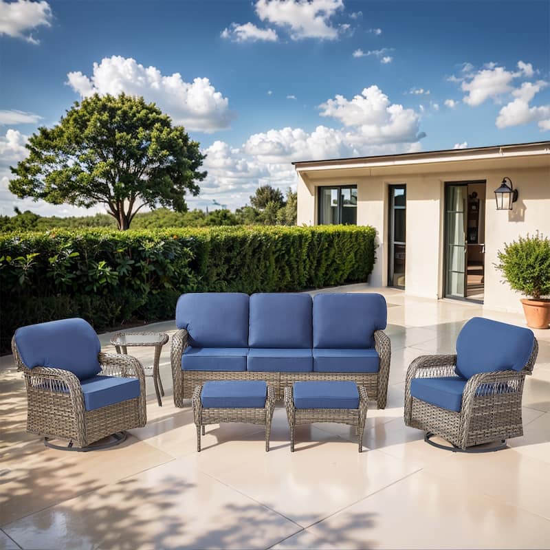 Pocassy Swivel Chair with Outdoor Sofa Ottoman Funiture Set. - Gray Wicker Blue Cushion - 5-Piece Sofa Swivel Chair Table with Ottoman