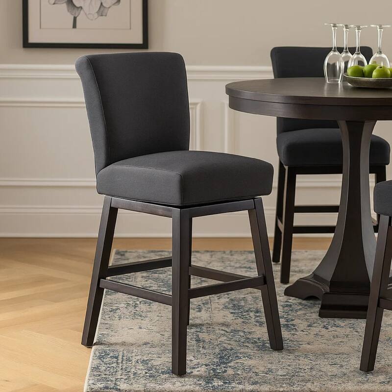 Swivel Barstool Chair, Modern Charcoal Gray Upholstery. Espresso Brown