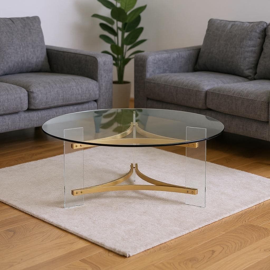 HomeRoots 41" Clear and Gold Glass Acrylic and Brass Round Coffee Table - 41.00 in. x 18.00 in. x 41.00 in.