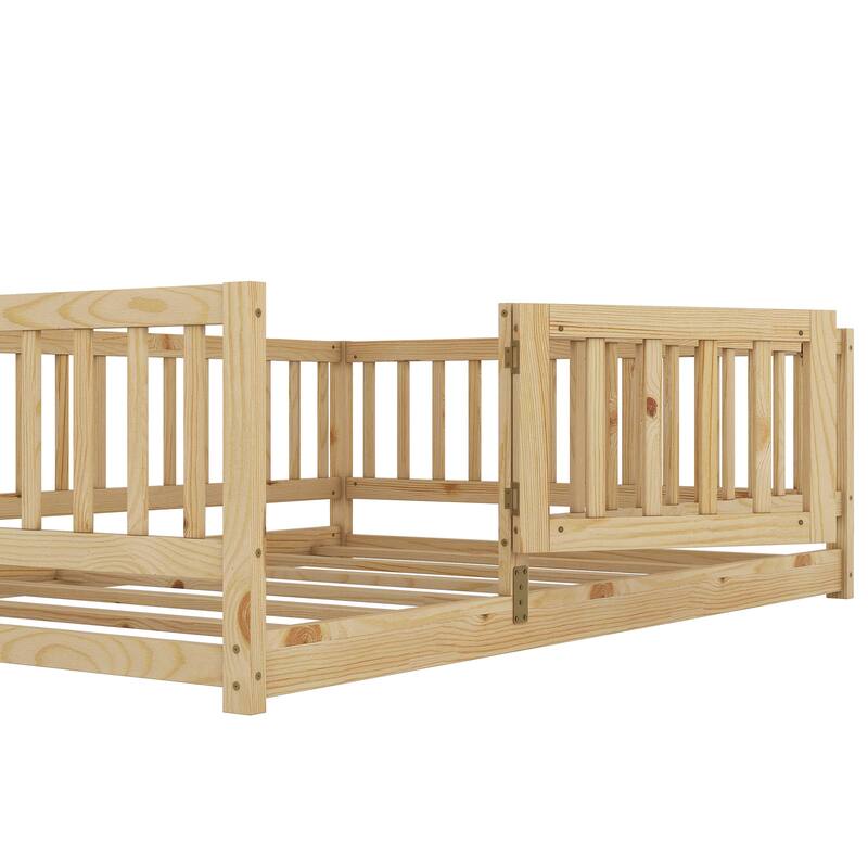 Kids Montessori Floor Bed for Kids, Girls, Boys, Solid Wood Floor Bed Frame with Fence and Door, No Box Spring Needed