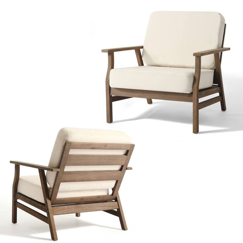 Outdoor Club Chair Patio Wood Arm Chair with Cushion Set of 2