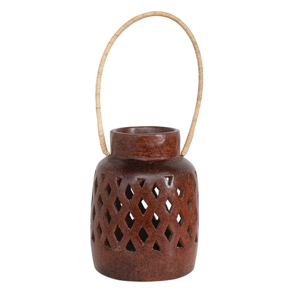 slide 2 of 3, Handmade Terra-cotta Lantern with Cut-Outs and Rattan Wrapped Handle, Reactive Glaze