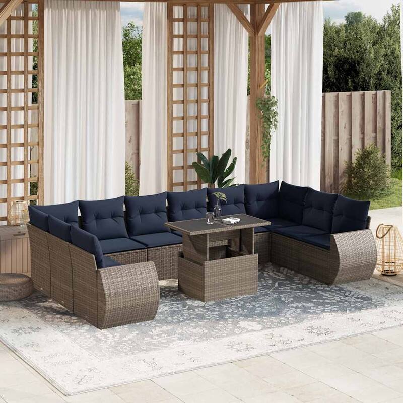 vidaXL Patio Sofa Set with Cushions and Table Outdoor 11 Piece Poly Rattan - 24.4 x 24.4 x 27.2