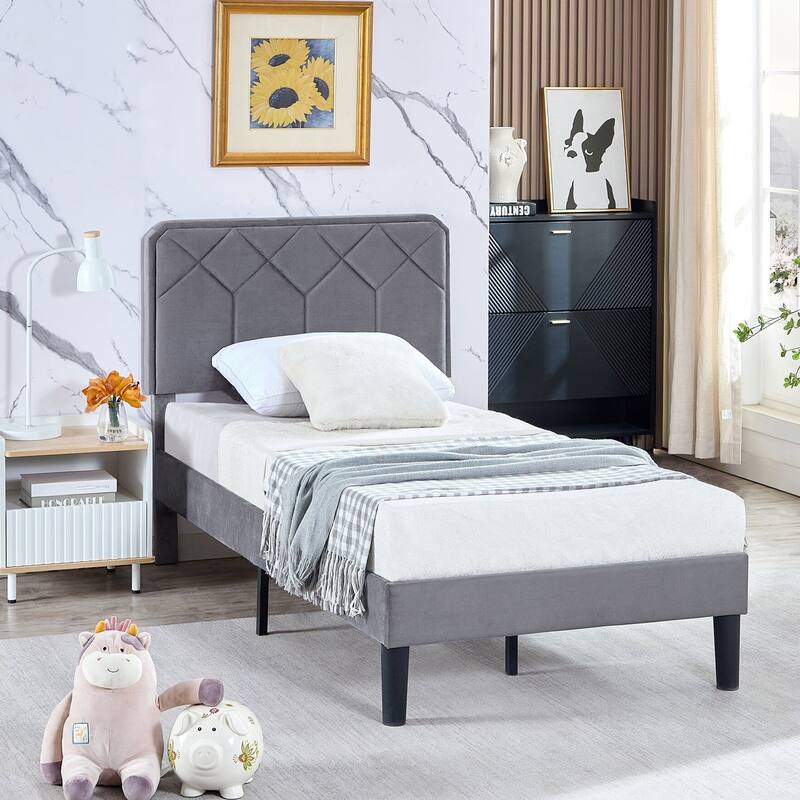 VECELO Adjustable Height Velvet Headboard Grey Bed Frame with Diamond Tufted Twin/Full/Queen Sizes Frame with Center Support Leg