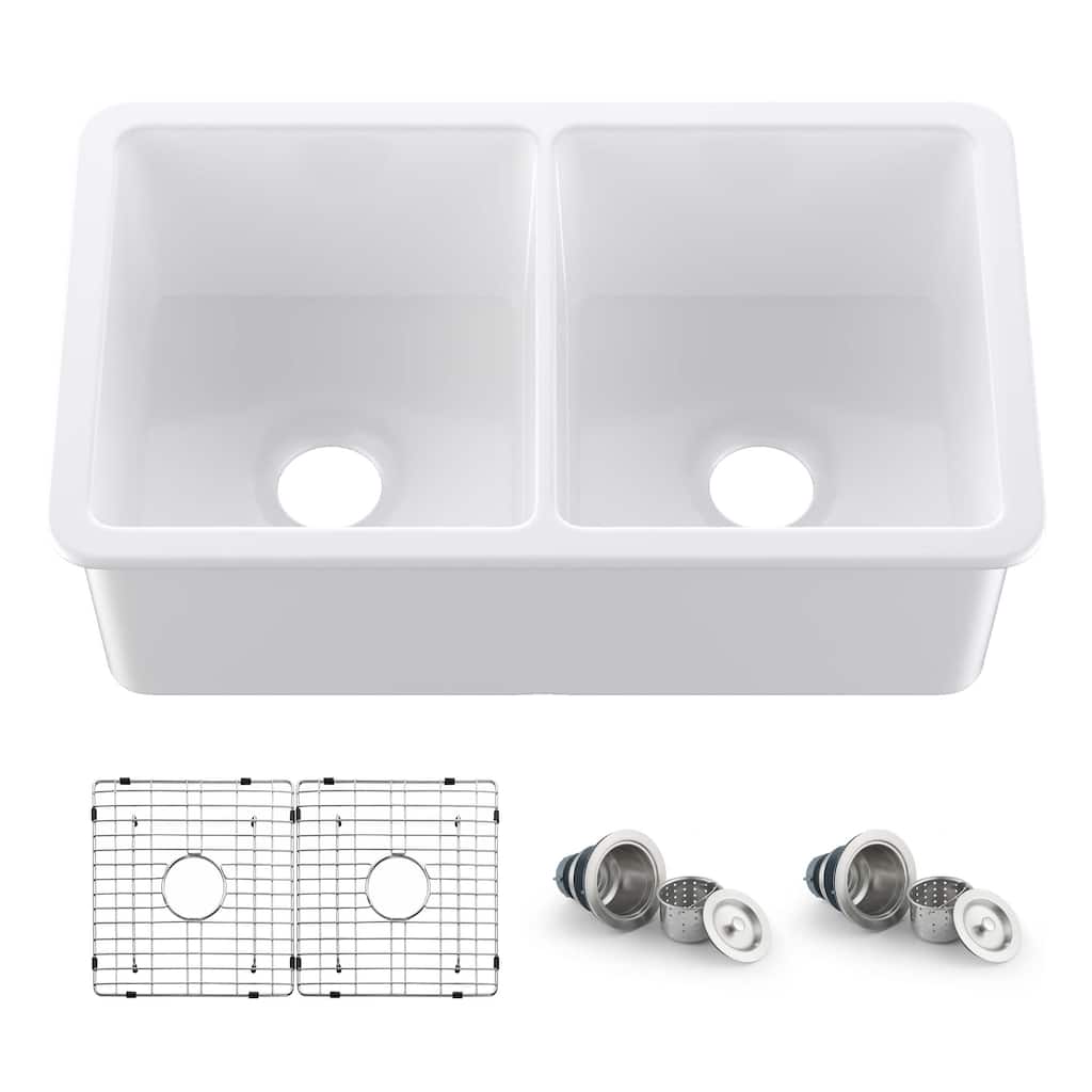 32" Pure Fireclay Double Bowl Undermount Kitchen Sink