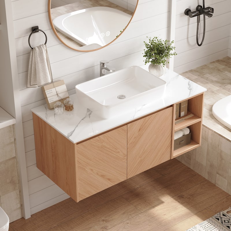 36'' Single Bathroom Vanity with Stone Top, Brown Wood, Black Vessel, Floading Vanities
