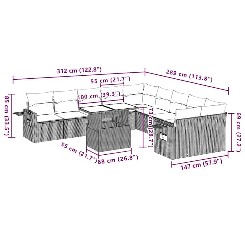 vidaXL Patio Sofa Set with Cushions and Table Outdoor 11 Piece Poly Rattan - 24.4 x 24.4 x 27.2