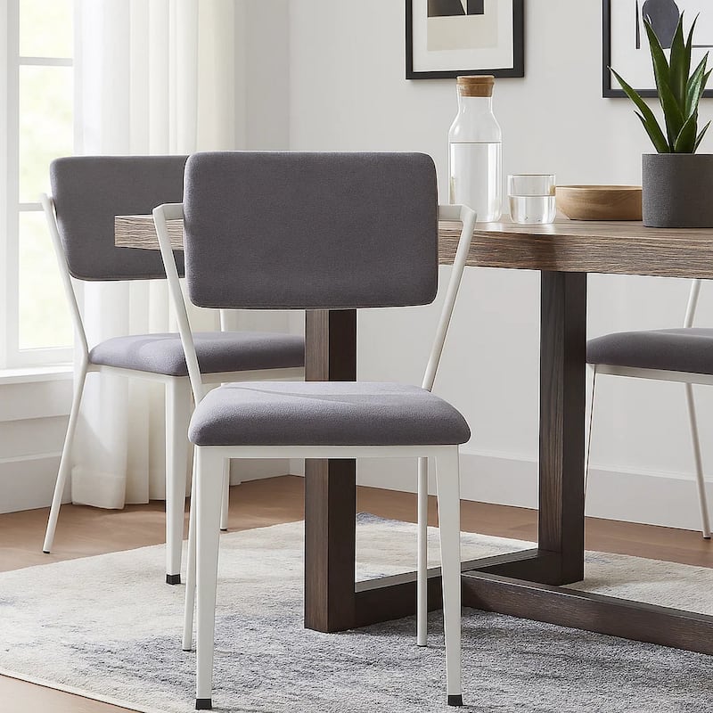 Metal Chair with Fabric Upholstery and Straight Legs, Gray and White