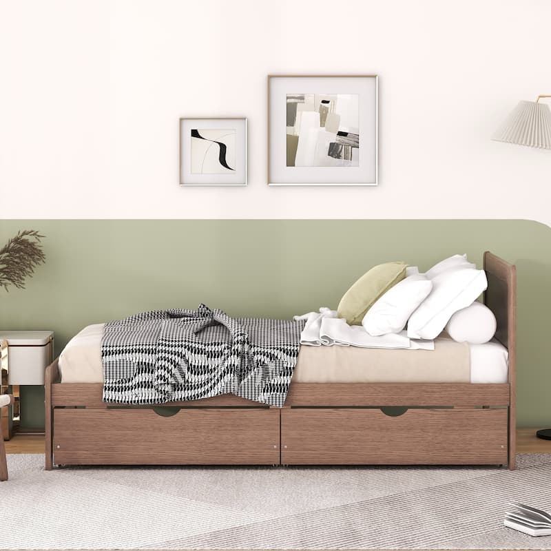 Modern Design Platform Bed Frame with 2 Drawers - Walnut
