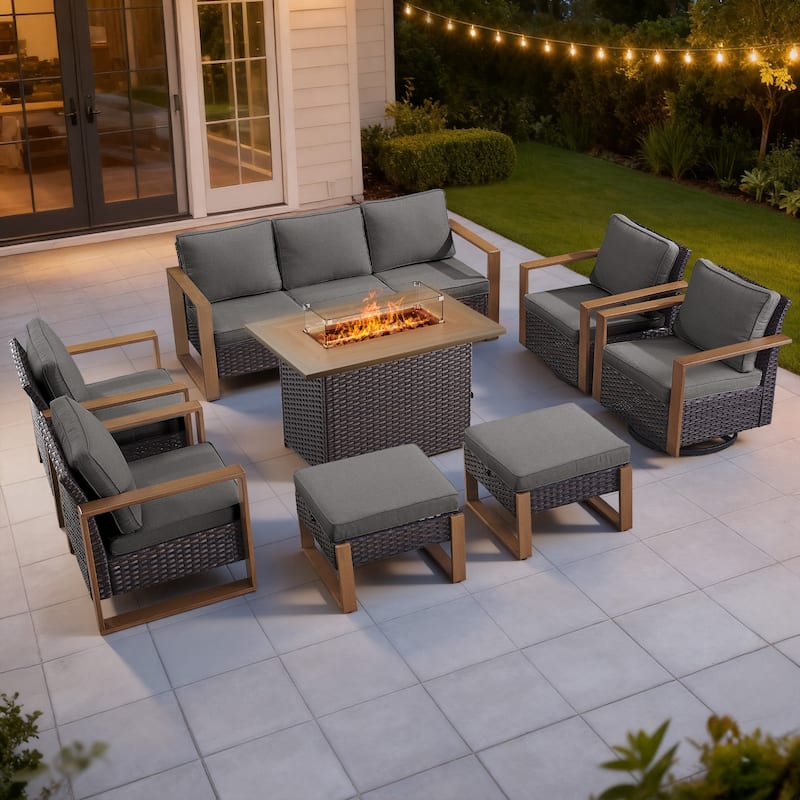 Meyreso Wicker Outdoor Patio Fire Pit Set with Swivel Gliders and Olefin Cushions - Brown / Gray Cushions - 8-Piece
