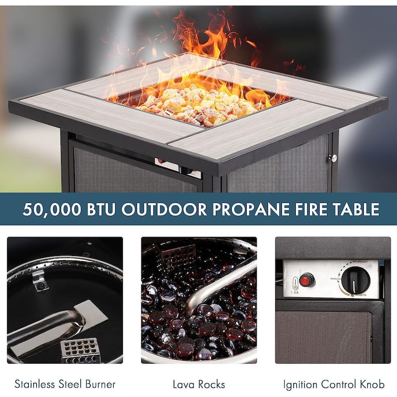 32 INCH Fire Pit Table, Propane Firepit Outdoor Gas Fire Pits Clearance, 50,000 BTU with Ceramic Tile Tabletop, Lid, Lava Rocks