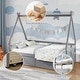 preview thumbnail 12 of 19, Twin Size Wooden House Bed with Roof and Safety Guardrail