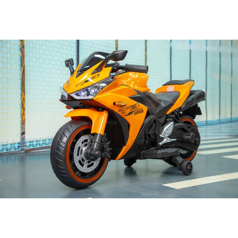 Orange Electric Car for Kids with Training Wheels, Electric Motorcycle Toy with Charge Display, Battery Powered Electric Car