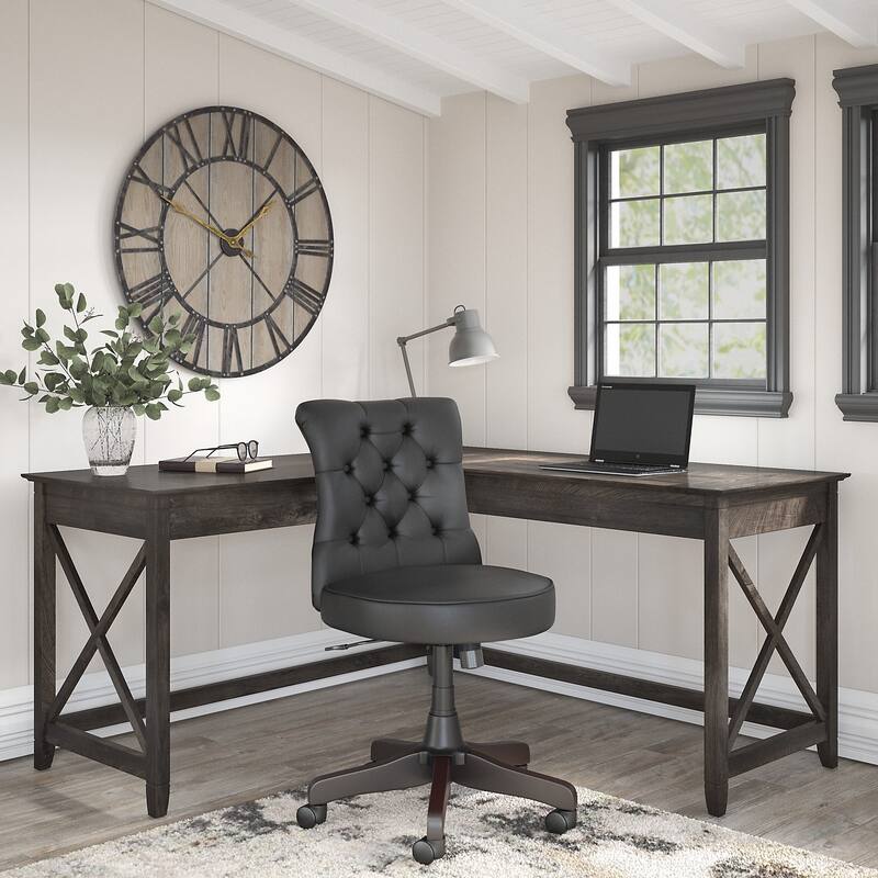 Key West 60W L-Desk with Tufted Office Chair by Bush Furniture - Dark Gray Hickory