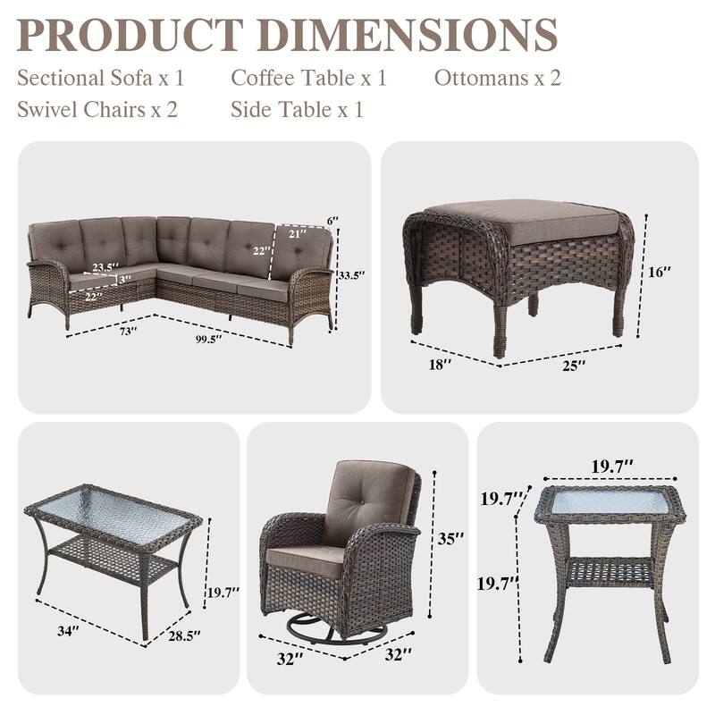 Patio Sectional Sofa with Swivel Chairs Ottomans Set