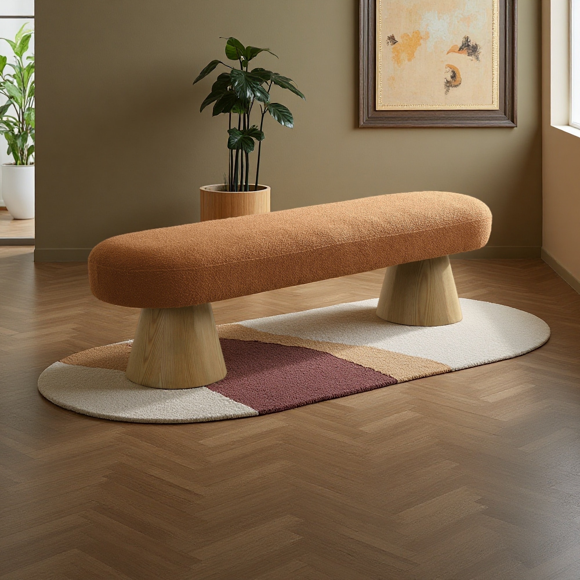 64"L Orange Boucle Upholstered Bench with Wood Legs