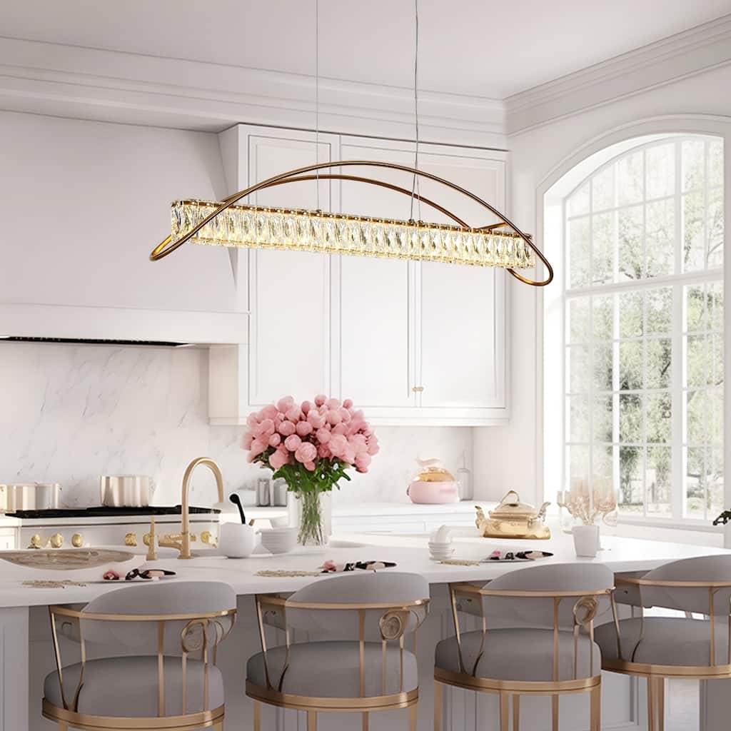 Modern Gold 1-Light LED Crystal Chandelier Island Pendant Lights for Kitchen Island - W 39.4" x H 3" x D 5"