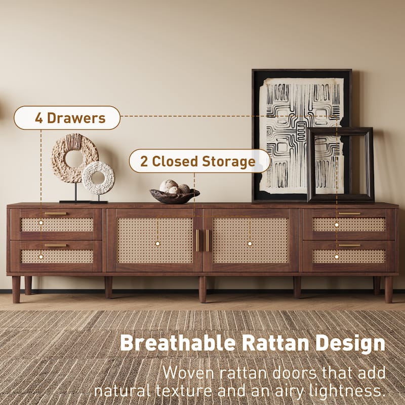 Modern 78 Inch TV Stand for 85" TVs, Media Console with 4 Storage Drawers, Solid Wood Legs & Soft-Close Hinges