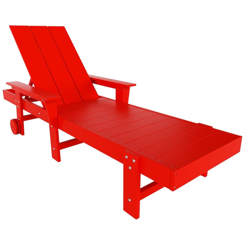 Shoreside Modern Poly Reclining Eco-Friendly All Weather Chaise Lounge With Arms & Wheels - Red