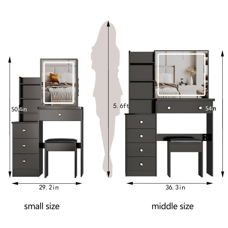 37" Lighted Vanity Table with Adjustable LED Mirror, Wide Storage, Stool, Ideal for Bedroom or Dressing Area