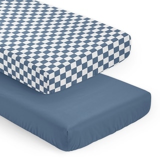 Sweet Jojo Designs Blue Gingham Checkered Plaid Boy 2 Pack Fitted Crib Sheets - Solid Steel and Vintage Classic Checkerboard