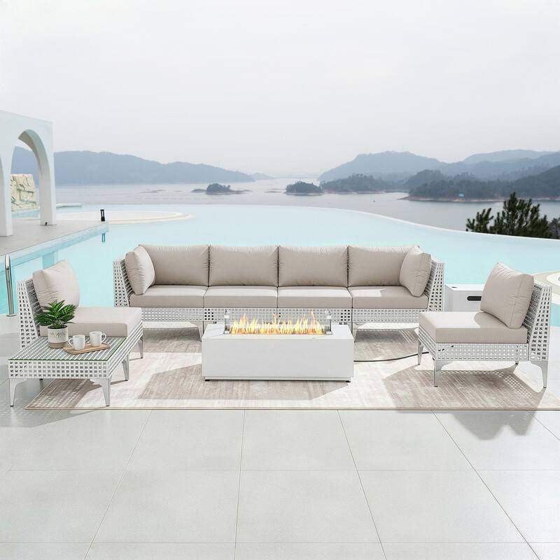 FINCATI Oversized Outdoor Furniture with Rectangular Fire Pit Table, 9-piece Luxurious High-back Patio Wicker Conversation Set - Beige