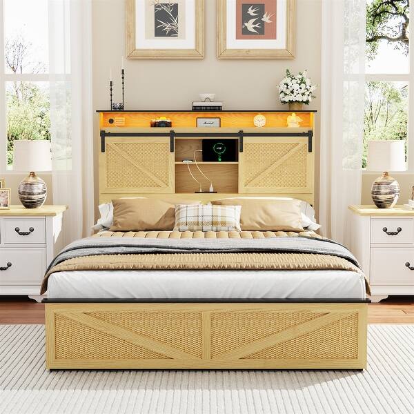 Farmhouse Queen Size Bed Frame with Storage Headboard and Drawers - Bed ...