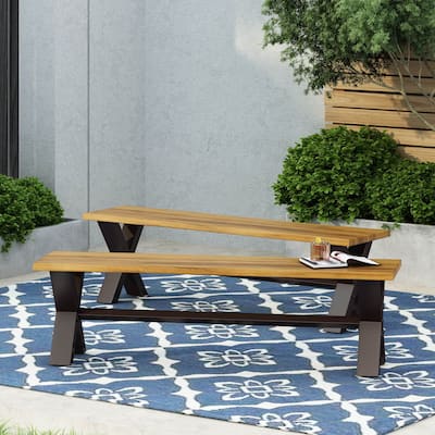 Roomfitters Outdoor Acacia Wood Dining Benches Set of 2, Patio or Garden Seating with Sturdy X-Frame Legs, Teak