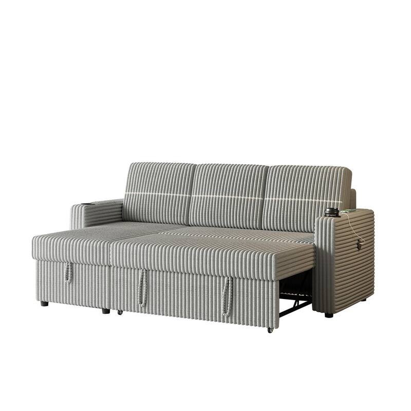 85 Inches Corduroy Sofa Bed, 3 Seater Sleeper Sofa with Storage Chaise