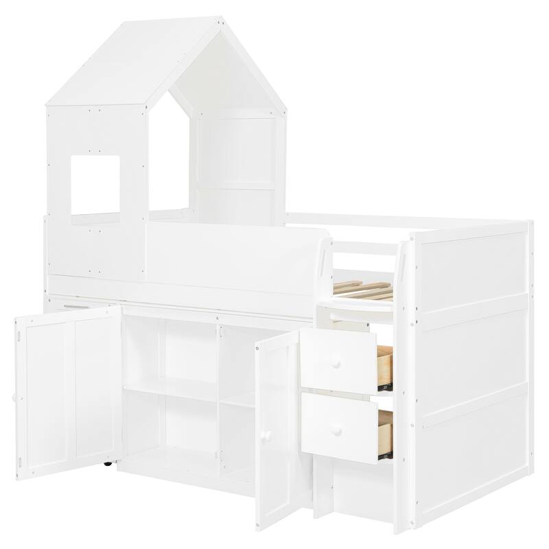 Roomfitters Twin Size House Loft Bed with Rolling Desk, Storage Cabinets and Staircase, All-in-One Space Saving Sleeper