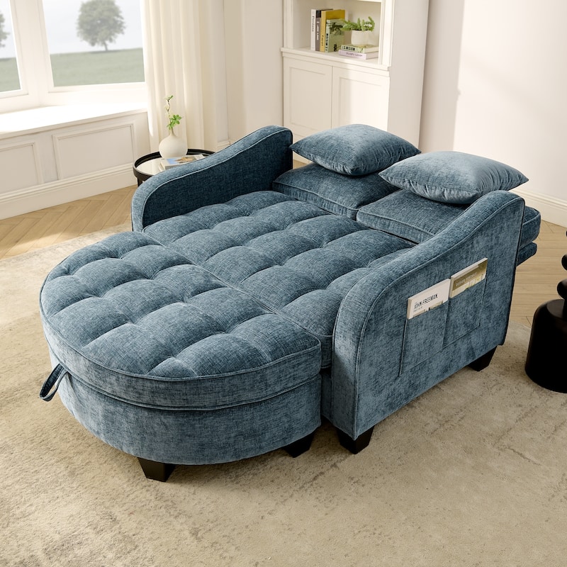Two-Seater Chaise Longue Sofa with Storage Footrest, Irregular Armrests & Throw Pillows for Living Room & Bedroom