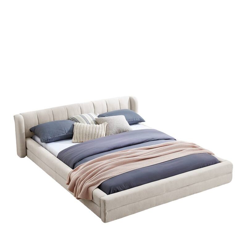 Queen-Sized Chenille Upholstered Bed with Headboard and Solid Frame.