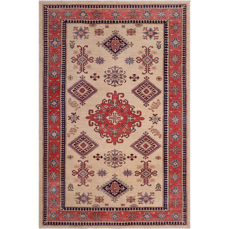 Rustic Super Kazak Dashiell Gold/Pink Hand Knotted Wool Rug - 5'4'' x 8'0''