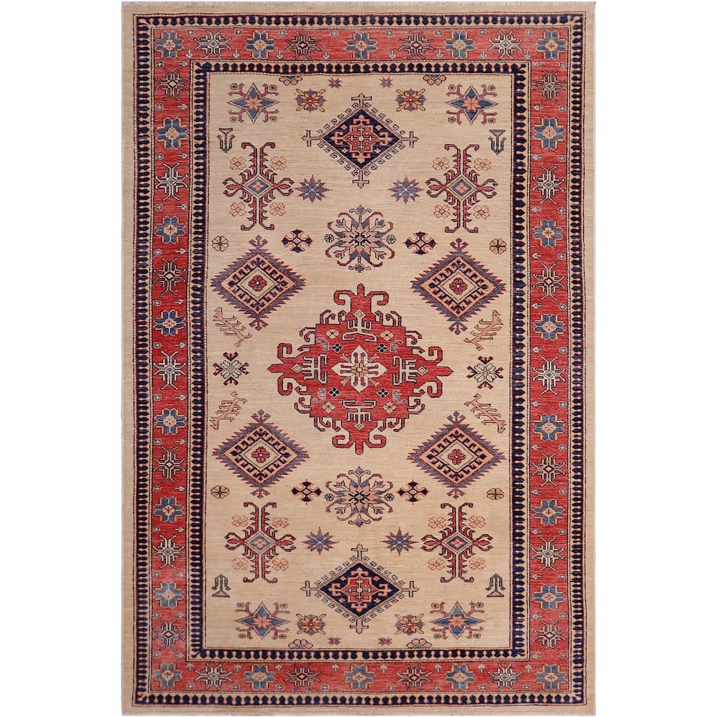 Rustic Super Kazak Dashiell Gold/Pink Hand Knotted Wool Rug - 5'4'' x 8'0''