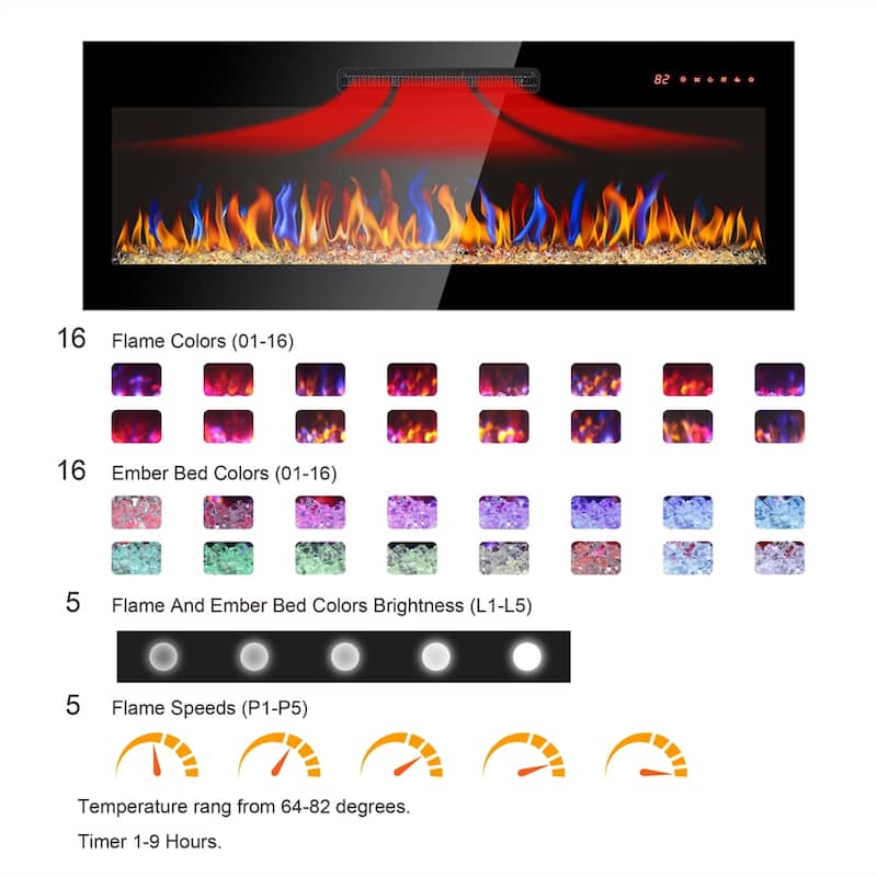 60" Tempered Glass Wall Mounted Electric Fireplace w/ LED Light Heater