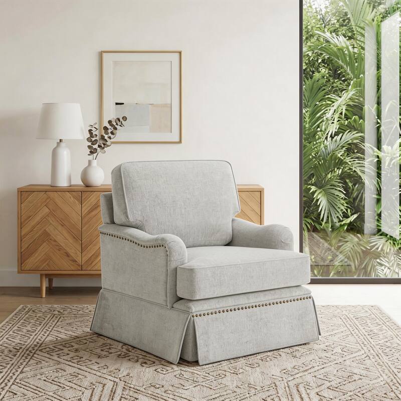 Chenille Swivel Accent Chair with Nailhead Trim Skirt - Beige