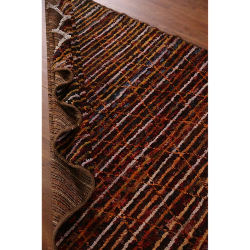 Striped Trellis Moroccan Oriental Rug Hand-Knotted Wool Carpet - 4'7" x 6'4"
