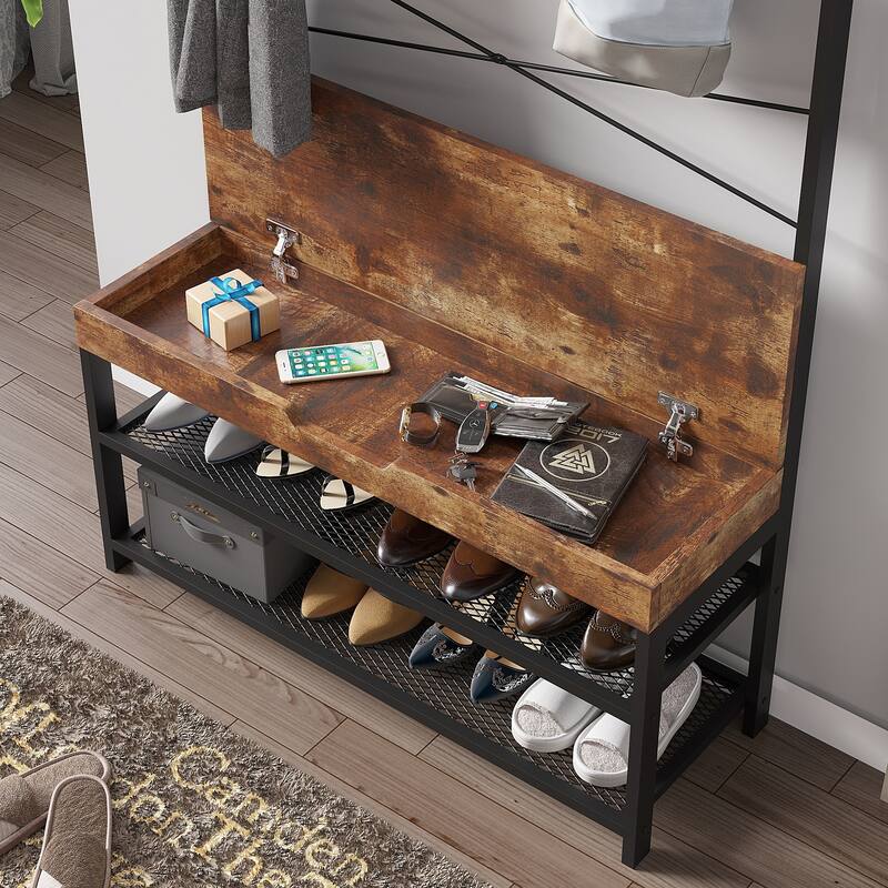 4 in 1 Hall Tree, Entryway Bench with Coat Rack, Shoe Bench
