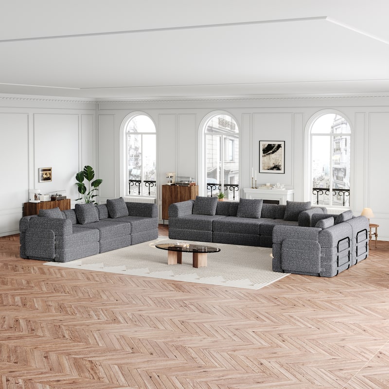 8 Seater Folding Couch Modular Chenille Sectional Sofa Freely Combined Sleeper Sofa Bed with Storage Pockets and Anti-slip Pads