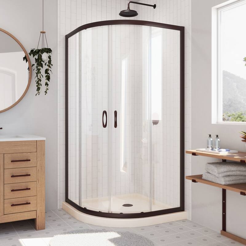 DreamLine Prime 38 in. x 38 in. x 74 3/4 in. Sliding Shower Enclosure and Shower Base Kit - 38" x 38" - Oil Bronze; Biscuit; Clear Glass