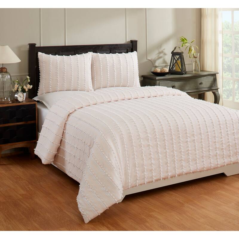 Better Trends Angelique Comforter Set 100% Cotton Tufted Soft Plush Chenille Elegant Stripes Machine Washable & Tumble Dry - Peach - King