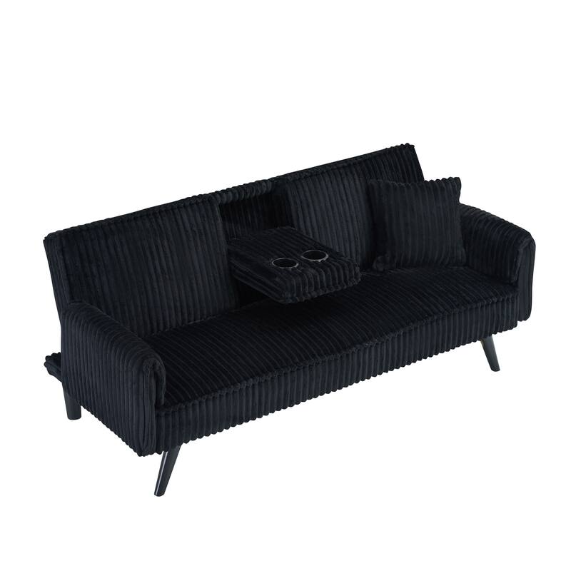 Black Corduroy Sofa for Living Room and Bedroom with Adjustable Backrest and Cup Holder