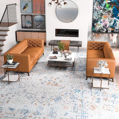 Florentina Mid Century Modern Tufted Full Leather Sofa Set in Tan