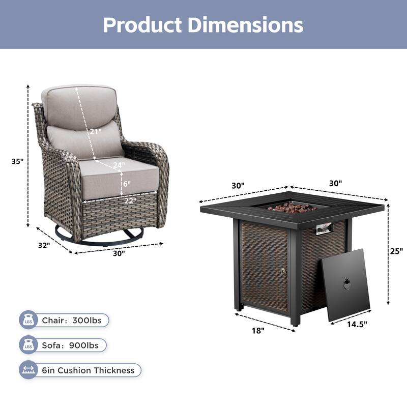 Arcadia 5-Piece Wicker Patio Set with 4 Swivel Glider Chairs and Square All-Iron Fire Pit