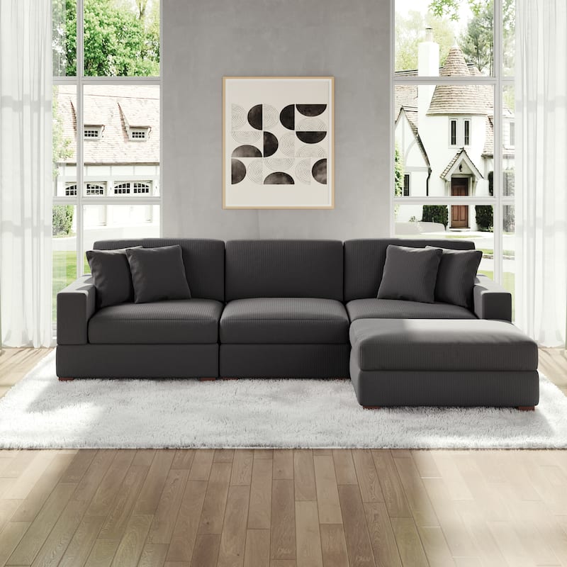 Modular Corduroy Sectional Sofa Set Chaise Couch with Ottoman - Grey-4 Piece