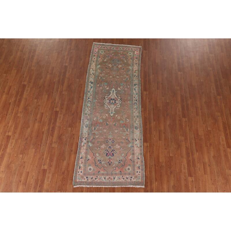 Brown Mahal Persian Vintage Runner Rug Handmade Wool Carpet - 3'4" x 9'3"