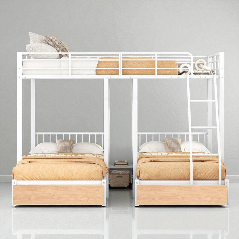 Full Over Twin & Twin Metal Triple Bunk Bed with Guardrails, Storage Drawers and Shelf, Convertible to 3 Beds
