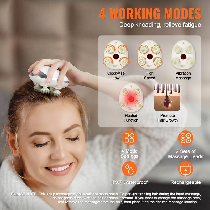 Electric Scalp Massager with Heat for Hair Growth, Deep Clean, Stress Relax - 4-mode settings