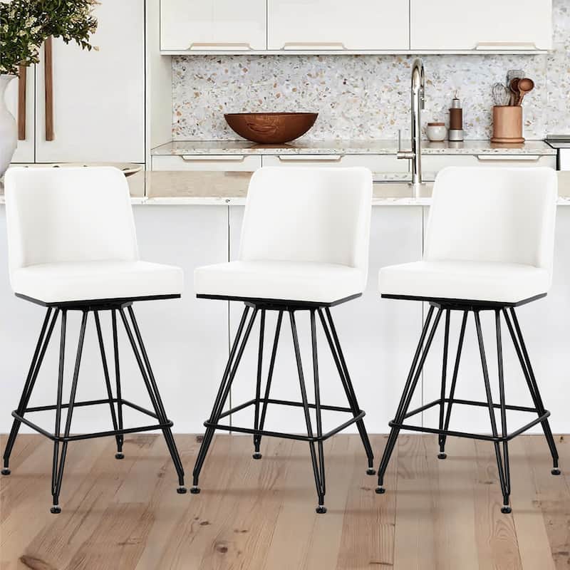 26" Leather/Velvet Swivel Counter Height Bar Stools - 38.2"H x 17.7"W x 19.1"D - Set of 3 - PU White