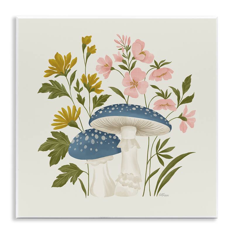 Stupell Blue Mushrooms & Wildflowers Wall Plaque Art Design By Cat Thurman Designs - 12 x 12